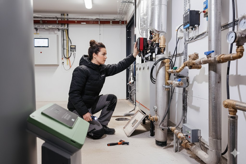 En VVS tekniker som optimerar värmesystemet